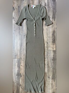 Free People Beach Ribbed Button-Front Maxi Dress Olive Green Small